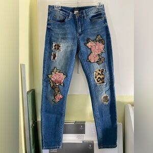 Venus Stretch Blue Jeans with Rhinestone Floral and Leopard Accents